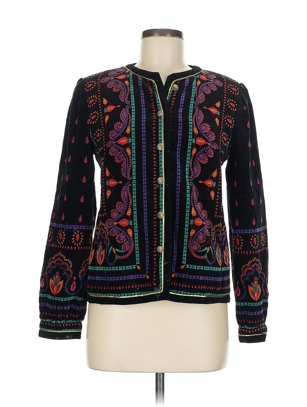 Vtg Saxton Hall Velvet Quilted Jacket Black Printed Funky Colorful 8